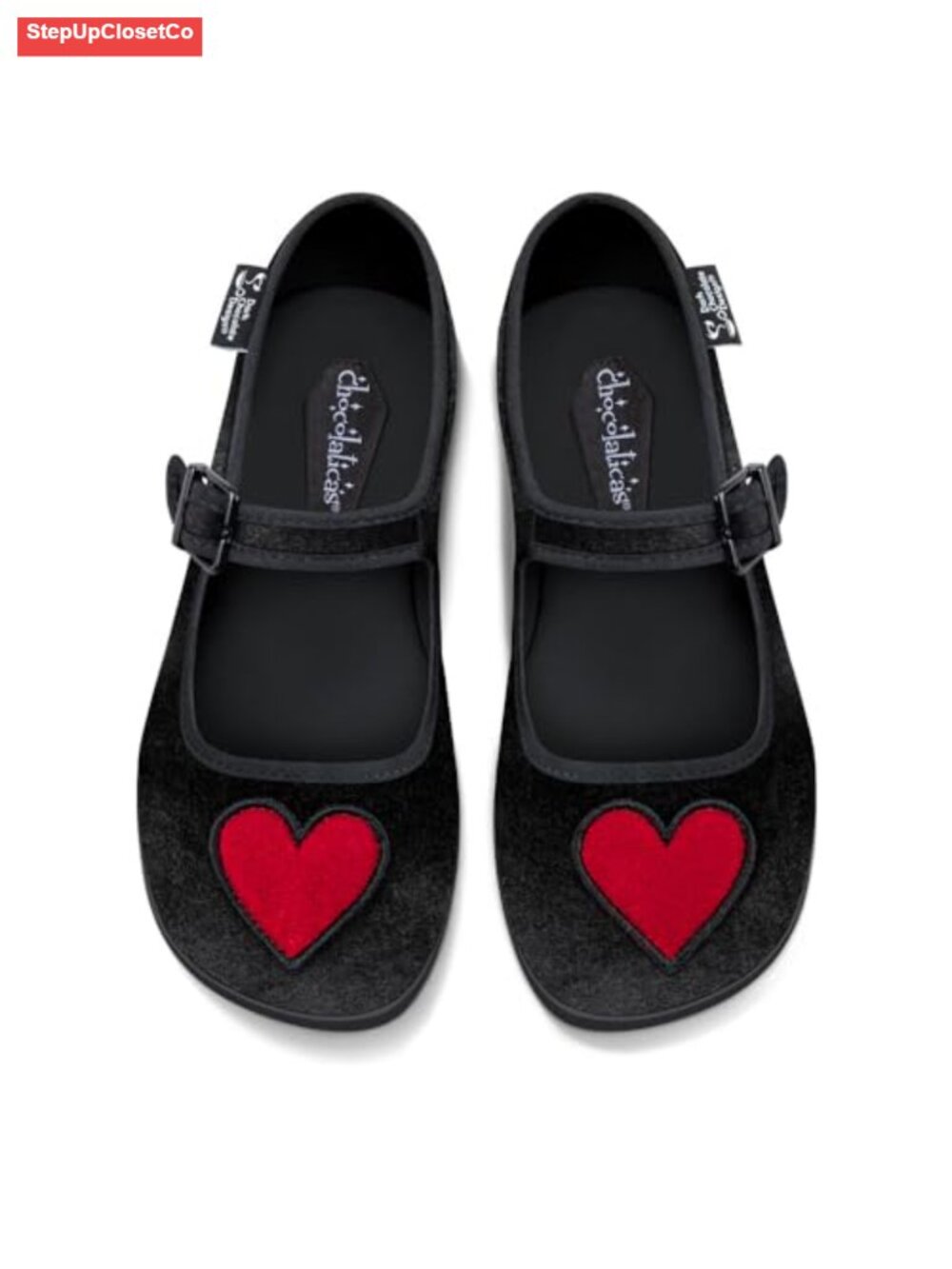 Vegan Mary Jane Flats Embroidered Heart Applique Cushioned Rubber Sole